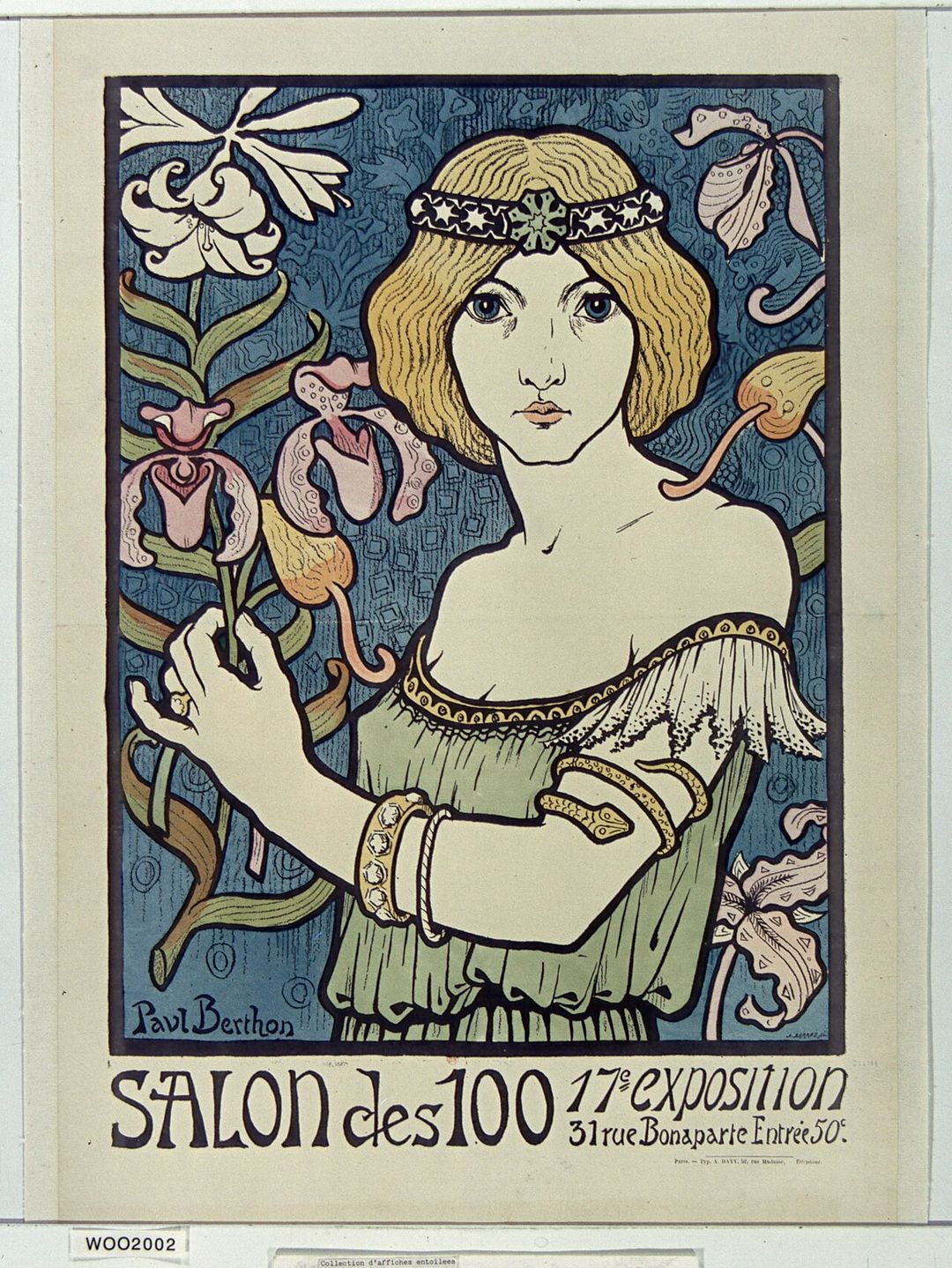 Affiche lithographique du Salon des Cent de 1895, une femme de profil dans un décor floral, par Paul Berthon.