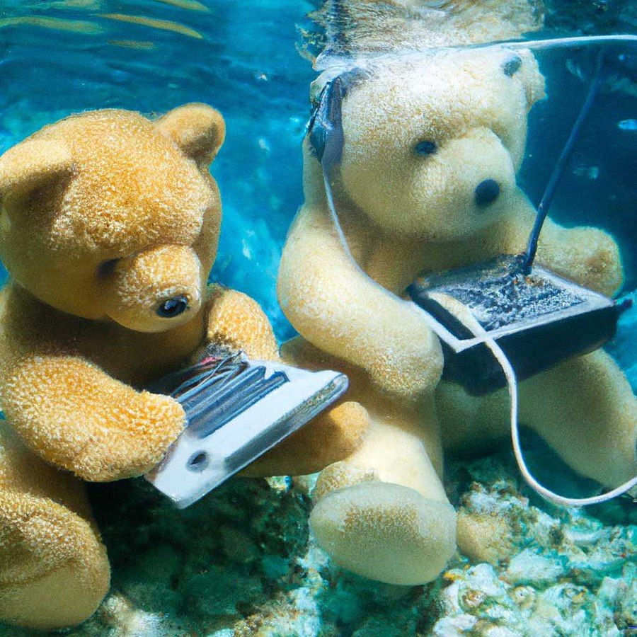 Image générée par DALL-E 2 montrant des ours en peluche travaillant sur des ordinateurs anciens sous l'eau.