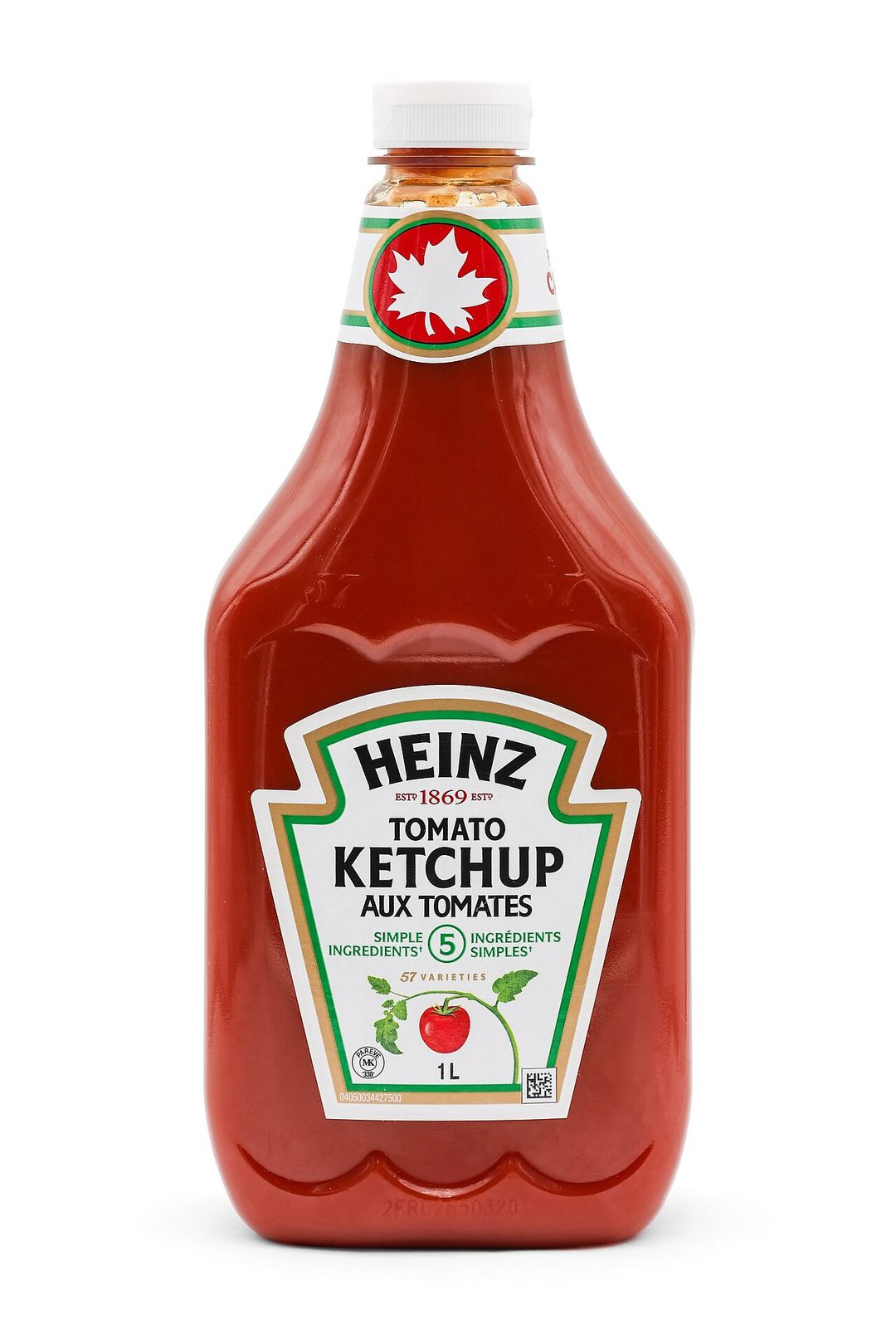 Bouteille de ketchup Heinz vue de face.