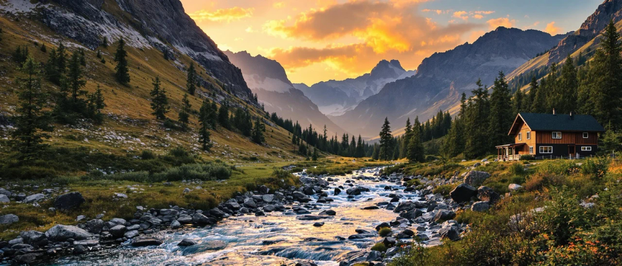 Vallée au coucher du soleil avec un torrent rocheux, des pins et un chalet illuminé à droite.