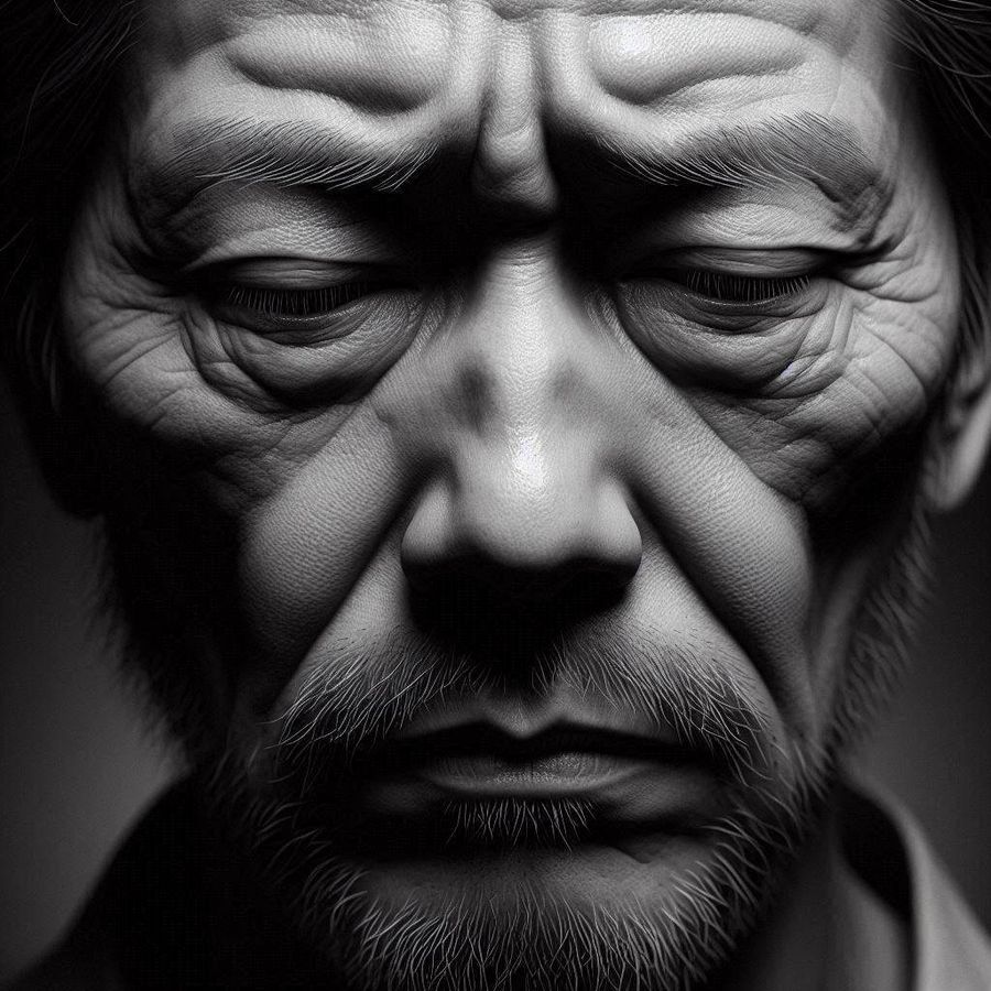 Portrait en noir et blanc, en gros plan, d'un homme âgé à l'air déçu.