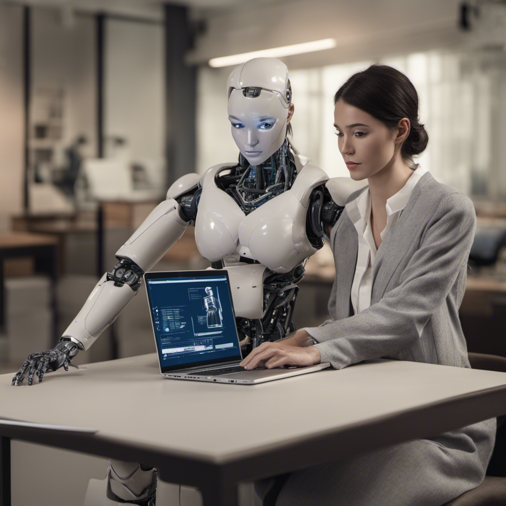 Image générée d'un robot humanoïde et d'une femme devant un ordinateur portable, avec un avant-bras et une main en trop.